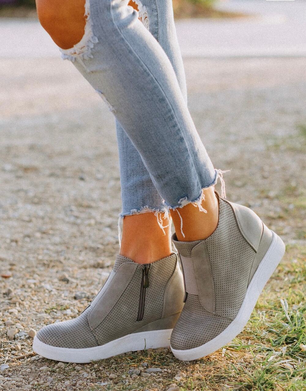 Linea Paolo Gray Perforated Suede Wedge Sneakers Size 8
